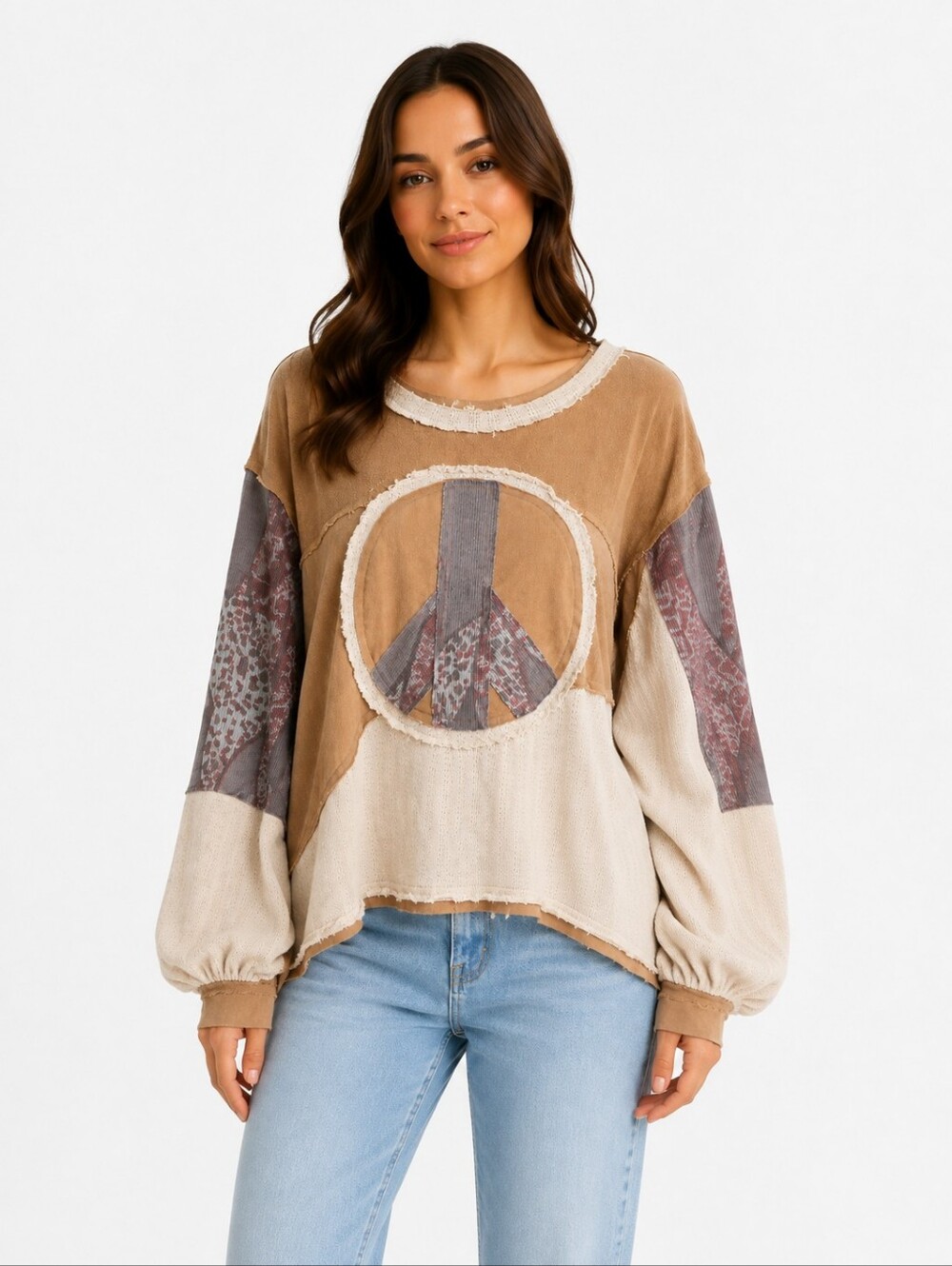 POL Boho Patchwork Peace Sign Oversized Pullover Top Small NWOT